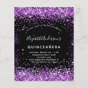 Budget Quinceanera zwarte paarse glitter-uitnodigi