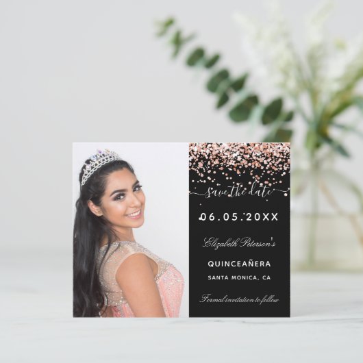 Budget Quinceanera zwarte roos foto Save the Date (Staand voorkant)