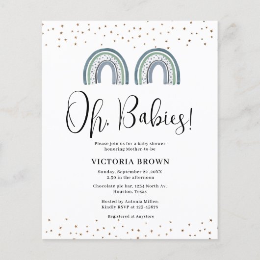 Budget Rainbow Boy Twins Baby shower uitnodiging (Voorkant)