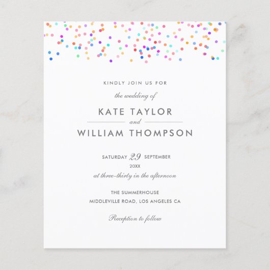 Budget Rainbow Confetti bruiloft uitnodiging (Voorkant)