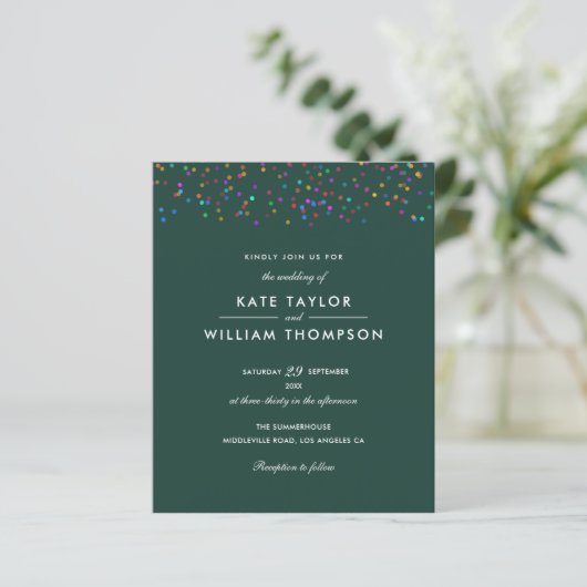 Budget Rainbow Confetti Emerald Wedding Invite (Staand voorkant)