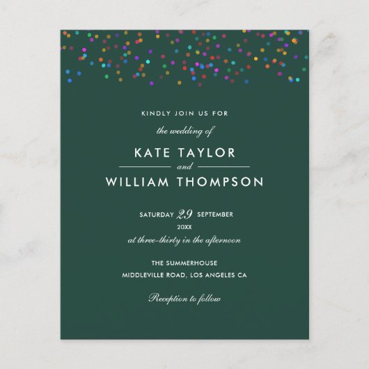 Budget Rainbow Confetti Emerald Wedding Invite (Voorkant)