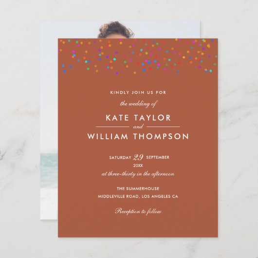 Budget Rainbow Confetti Terracotta Wedding Invite (Voorkant / Achterkant)