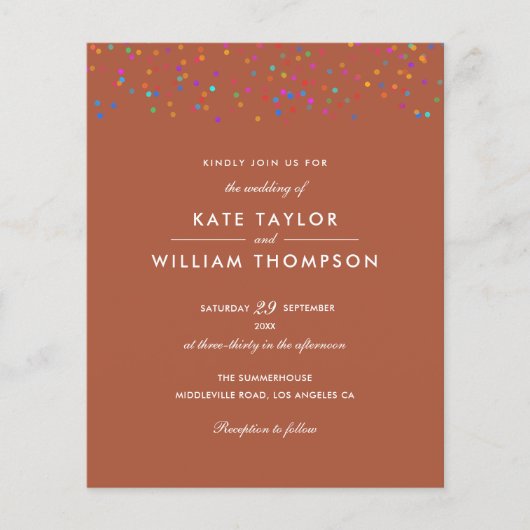 Budget Rainbow Confetti Terracotta Wedding Invite (Voorkant)