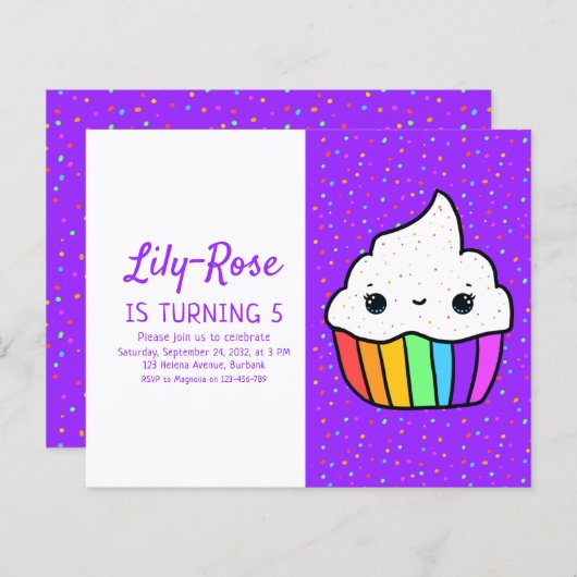 Budget Rainbow Cupcake Birthday Party Invitation (Voorkant / Achterkant)