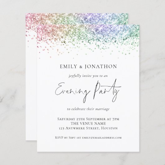BUDGET Rainbow Glitter Evening Invite (Voorkant / Achterkant)