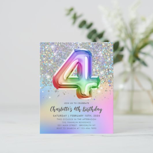 Budget Rainbow Glitter Folie Balloon 4e verjaardag (Staand voorkant)