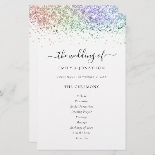 Budget Rainbow Glitter Script Weddenprogramma (Voorkant / Achterkant)