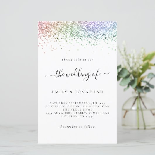 Budget Rainbow Glitter Wedding White Invite (Staand voorkant)