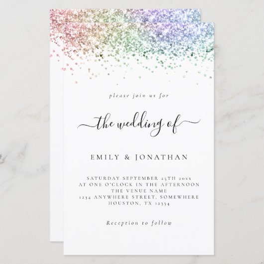 Budget Rainbow Glitter Wedding White Invite (Voorkant / Achterkant)