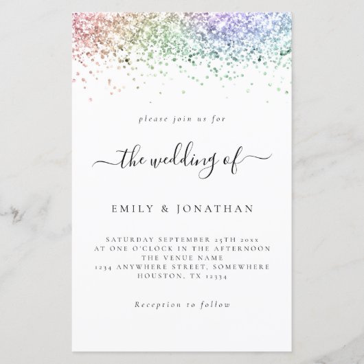 Budget Rainbow Glitter Wedding White Invite (Voorkant)