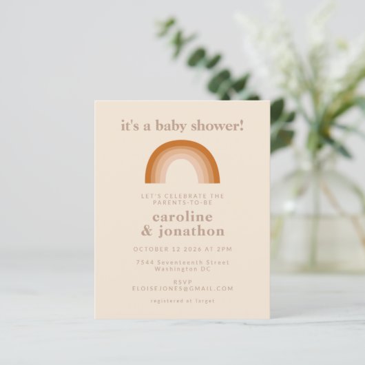 Budget Rainbow Terracotta Baby shower Foto uitnodi (Staand voorkant)