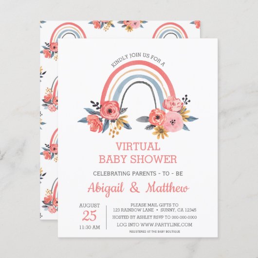 BUDGET Rainbow Virtual Baby shower Uitnodiging (Voorkant / Achterkant)