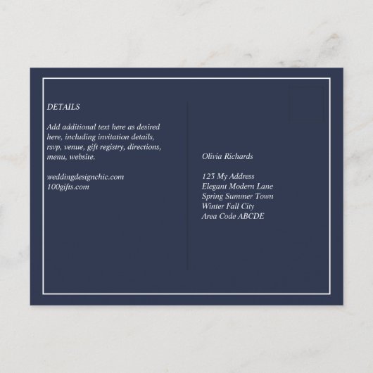BUDGET RAVP Marine Blauw Monochroom BRUILOFT Briefkaart (Achterkant)