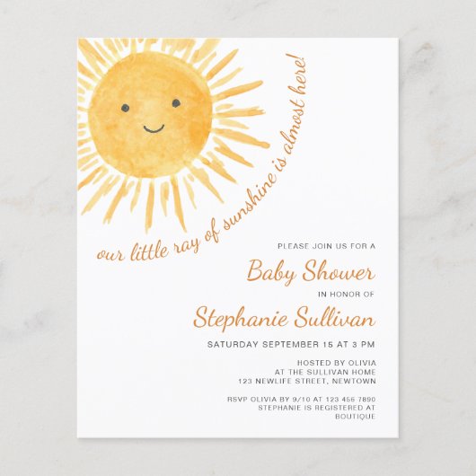 Budget Ray of Sunshine Baby shower Invitation (Voorkant)