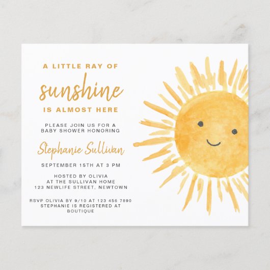 Budget Ray of Sunshine Baby shower Invitation (Voorkant)