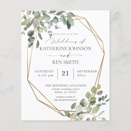 Budget REC Rustic Eucalyptus & Gold Lijst Wedding Flyer (Voorkant)