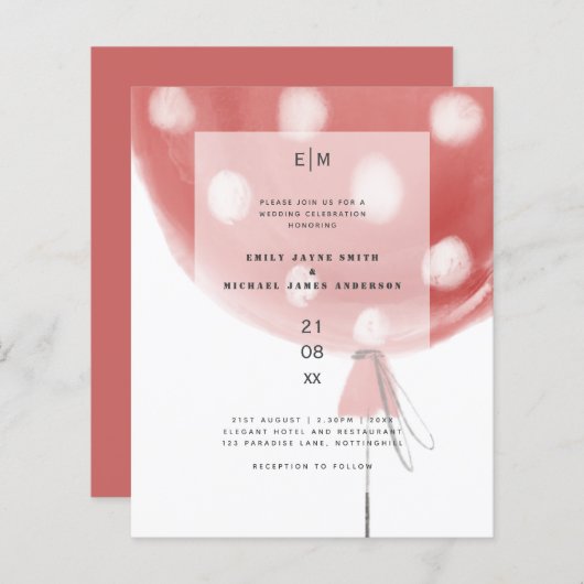 Budget Red Ballon Modern Simple Wedding Invite (Voorkant / Achterkant)