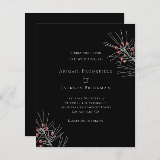 Budget Red Berries op Black Wedding Invitation (Voorkant / Achterkant)