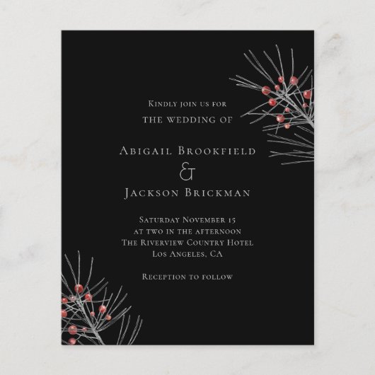 Budget Red Berries op Black Wedding Invitation (Voorkant)
