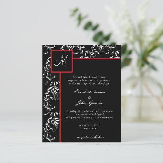 Budget Red Black Damask Wedding Invitations (Staand voorkant)