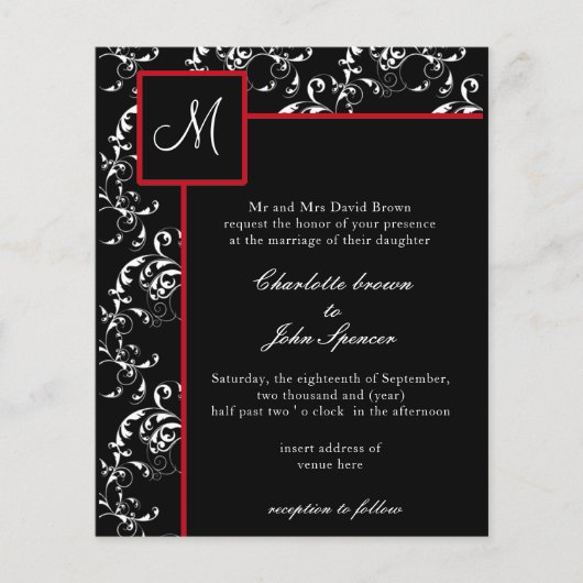 Budget Red Black Damask Wedding Invitations (Voorkant)