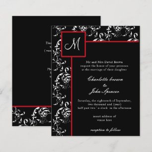 Budget Red Black Damask Wedding Invitations