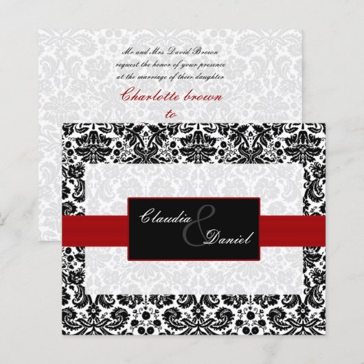 Budget Red Black Damask Wedding Uitnodiging (Voorkant / Achterkant)