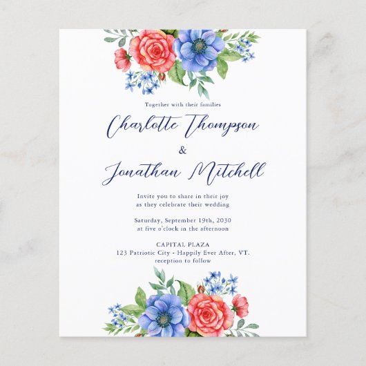 Budget Red Blue Floral Patriotic Wedding Invite (Voorkant)