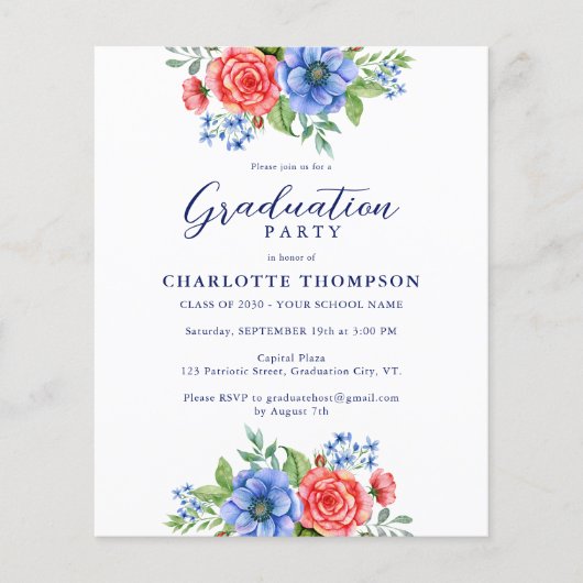 Budget Red Blue Floral Patriottic Afstuderen Invit (Voorkant)