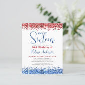 Budget Red Blue Glitter Sweet 16 Birthday Invite (Staand voorkant)