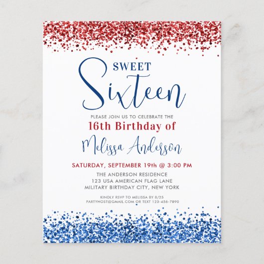 Budget Red Blue Glitter Sweet 16 Birthday Invite (Voorkant)