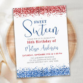 Budget Red Blue Glitter Sweet 16 Birthday Invite