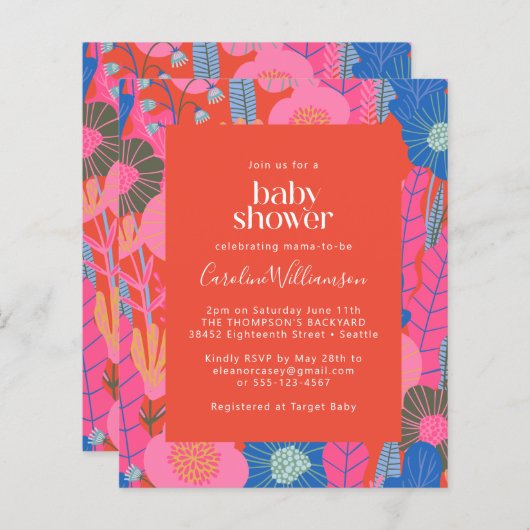 Budget Red Boho Floral Stylish Baby shower Invite (Voorkant / Achterkant)