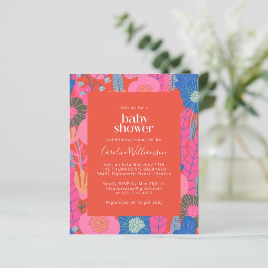 Budget Red Boho Floral Stylish Baby shower Invite (Staand voorkant)