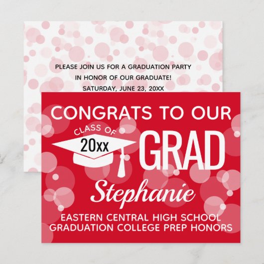 Budget Red Bubbles Afstuderen Mededelingskaart Briefkaart (Voorkant / Achterkant)