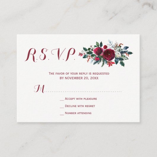 Budget red burgundy winter floral bruiloft RSVP Informatiekaartje (Voorkant)