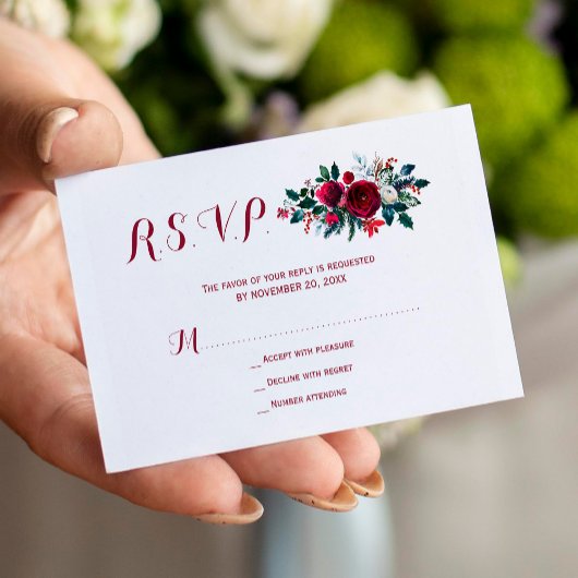 Budget red burgundy winter floral bruiloft RSVP Informatiekaartje