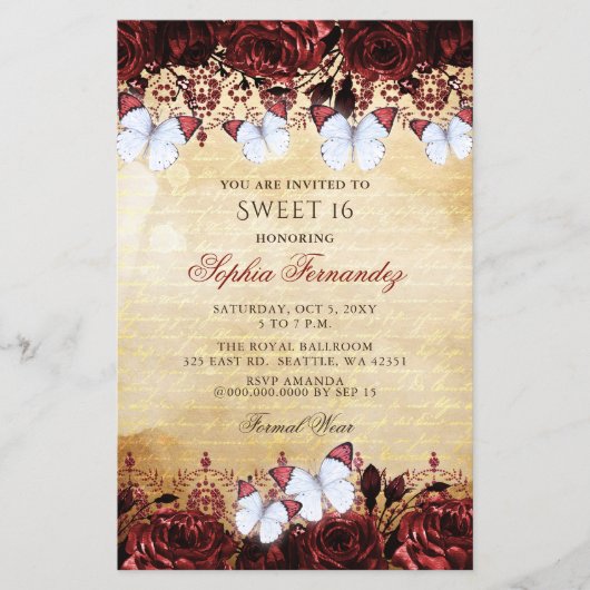 Budget Red Butterfly Sweet 16 Uitnodiging (Voorkant)