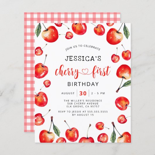 Budget Red Cherry Eerste Verjaardag Uitnodiging (Voorkant / Achterkant)