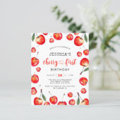 Budget Red Cherry Eerste Verjaardag Uitnodiging (Staand voorkant)