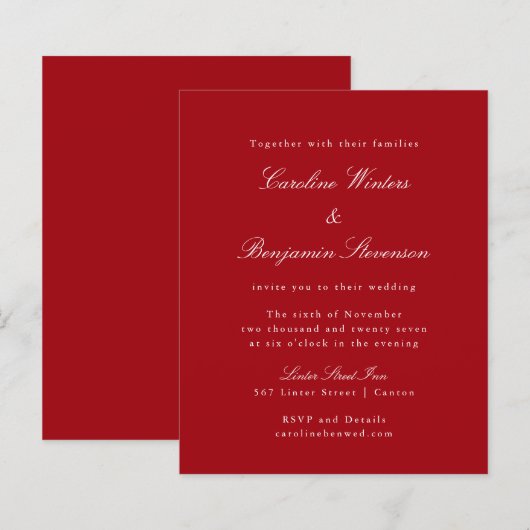 Budget Red Chic Formal Elegant Wedding Uitnodiging (Voorkant / Achterkant)