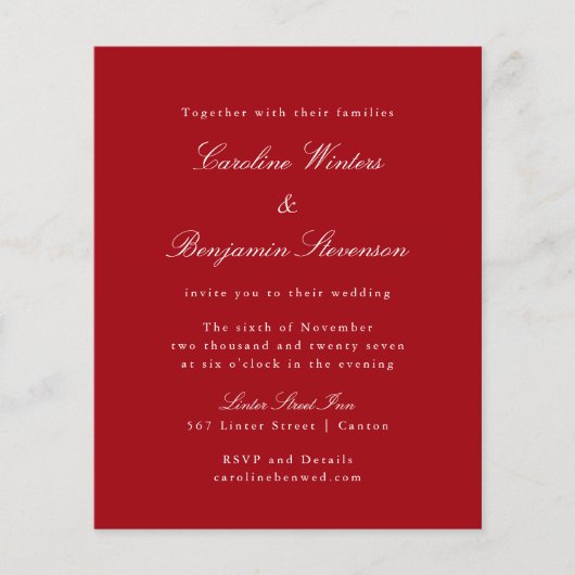 Budget Red Chic Formal Elegant Wedding Uitnodiging (Voorkant)