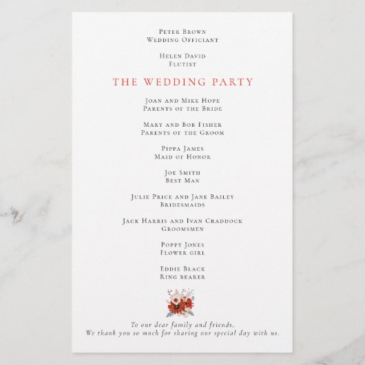 Budget Red Cream Florals Foliage Weduwprogramma (Achterkant)