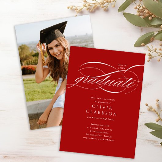 Budget Red Elegant Script Foto Afstudeerfeest Kaart