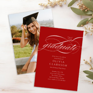Budget Red Elegant Script Foto Afstudeerfeest Kaart