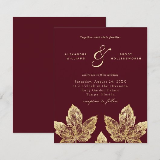 Budget Red en Gold Rustic Leaves Wedding Invite (Voorkant / Achterkant)