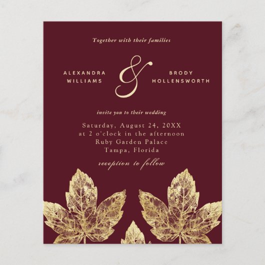 Budget Red en Gold Rustic Leaves Wedding Invite (Voorkant)