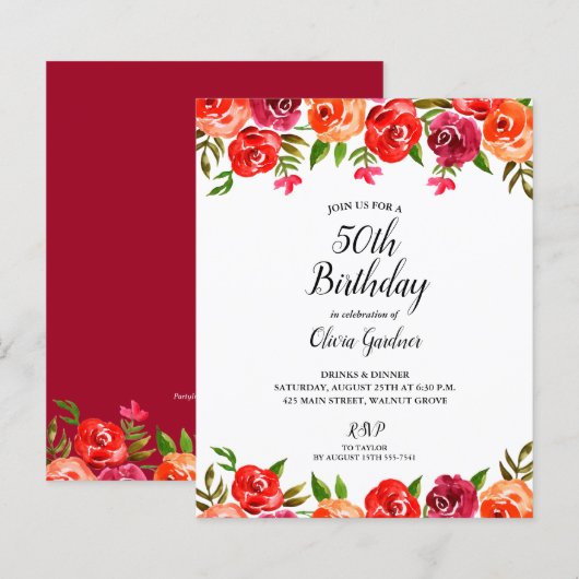 Budget Red Floral Birthday Uitnodigingen (Voorkant / Achterkant)