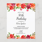 Budget Red Floral Birthday Uitnodigingen (Voorkant)